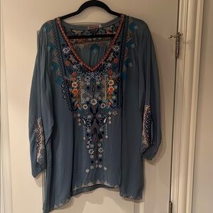 Johnny Was Teal womens silky XL Embroidered TUNIC Blouse